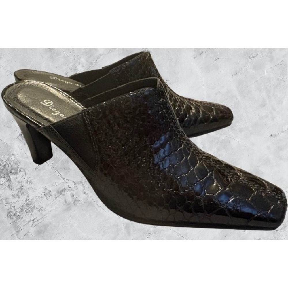 Diego di Lucca Black Embossed Leather Mules Square Toe Heels Brazil Size 7.5